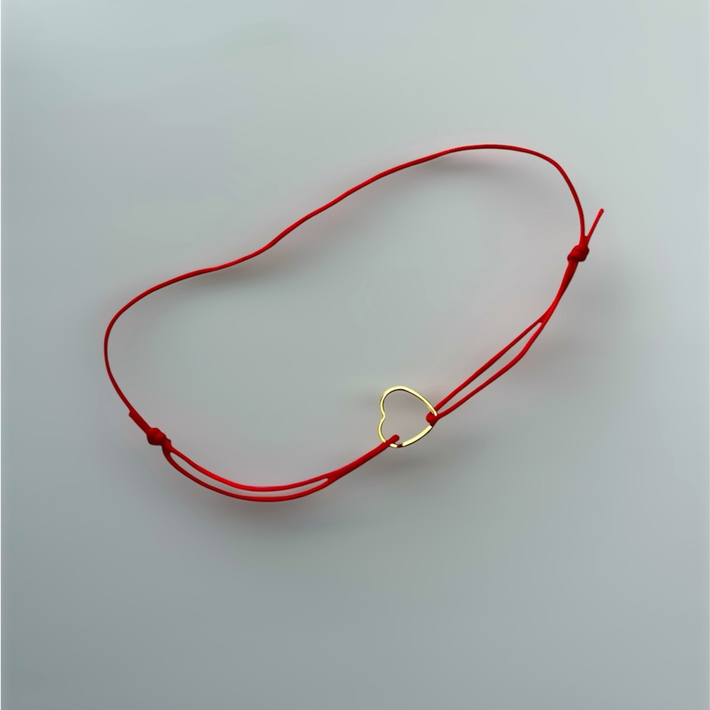 Gold Heart Bracelet - 10.5 mm Gold filled Charm in Red Silk String